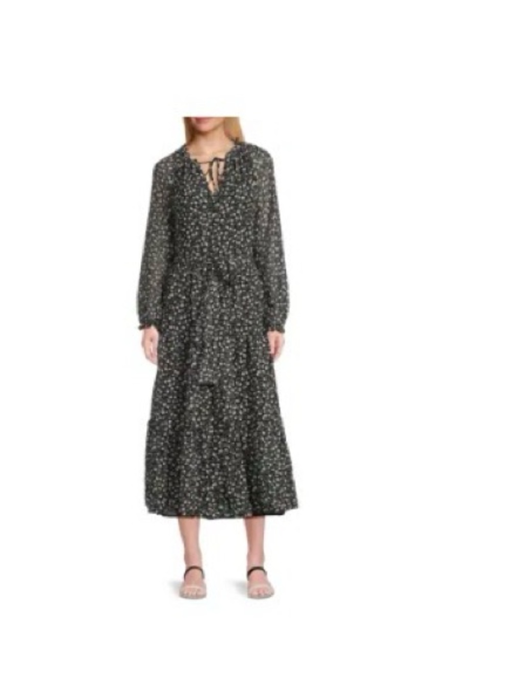 Saks Fifth Avenue Black Floral Tie-Front Midi Dress